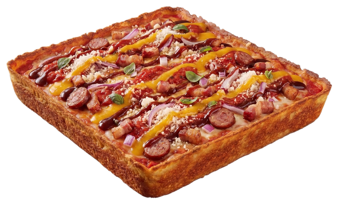 Hoher, luftiger Teig einer Detroit Style Pizza