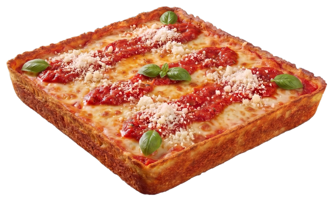 Karamellisierter Käserand einer Detroit Style Pizza