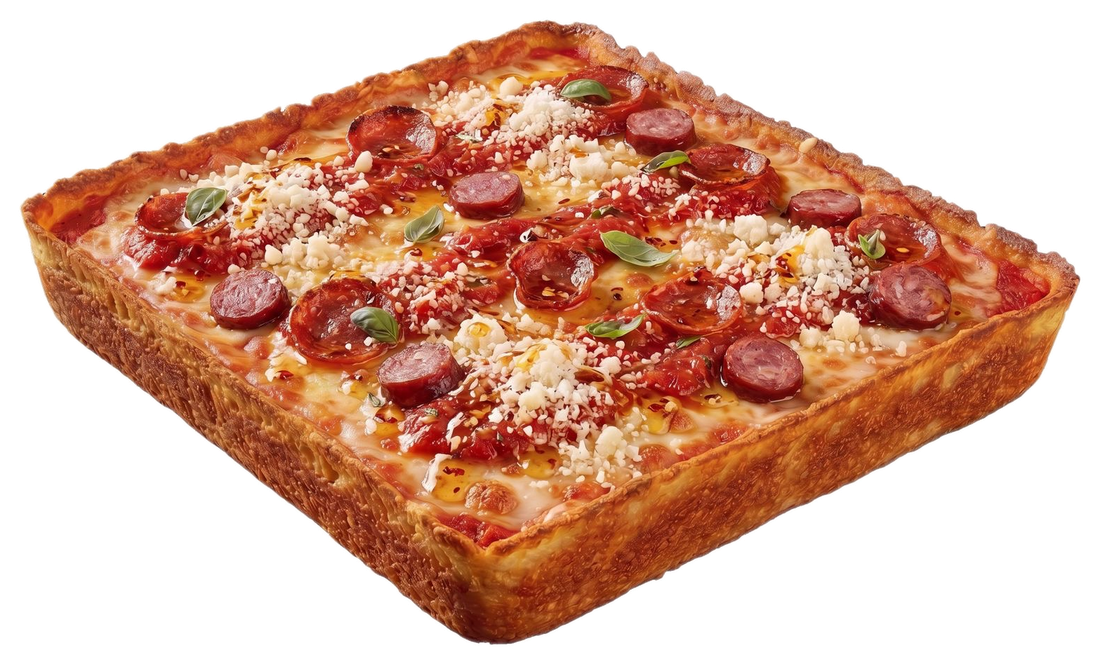 Belag und Sauce einer Detroit Style Pizza